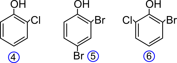 Esercizi svolti sulla nomenclatura degli alcol aromatici (fenoli: 2-clorofenolo, 2,4-dibromofenolo, 2-bromo-6-clorofenolo)