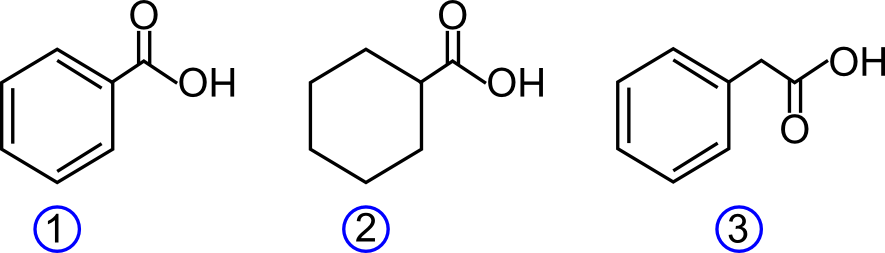 Esercizi con l'acido benzoico, acido cicloesancarbossilico e acido 2-fenil etanoico